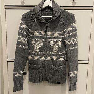 TNA Gray and White Zip-Up Wool Blend Fair Isle Cardigan